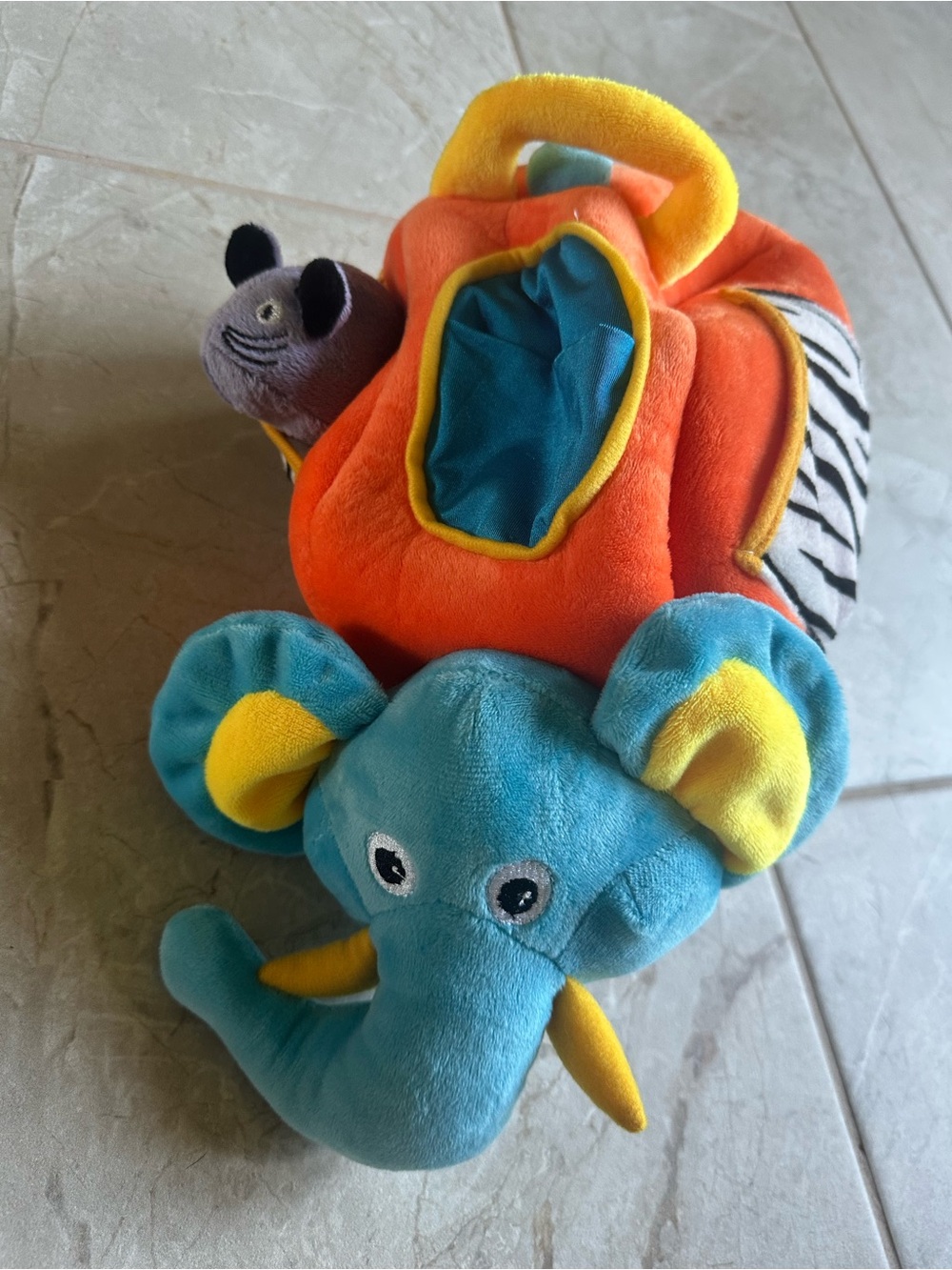 Plush elephant & squeaky mouse pajama bag carry case